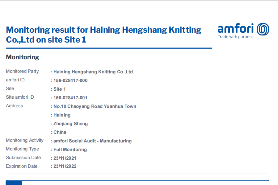 Monitoring result for Haining Hengshang Knitting Co.,Ltd on site Site 1